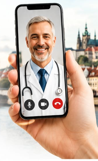 Czech doctor on a video consultation shown on a smartphone held in hand, with Prague in the background